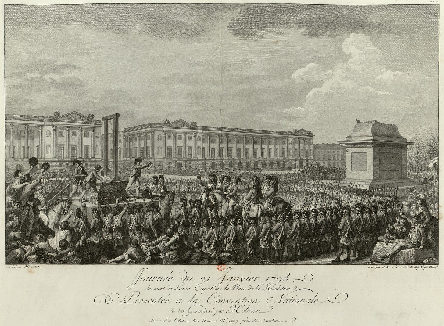 Execution of Louis XVI in the Place de la Concorde, facing the empty pedestal where the statue of his grandfather, Louis XV previously stood.
