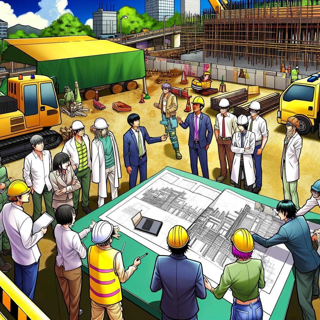 Illustrate a vibrant scene in manga anime style where construction workers, developers, and engineers are gathered around a construction site, engaged in planning and discussion. The setting should be dynamic, with a clear focus on the diverse group of professionals who are intensely involved in a strategic meeting. The construction site in the background should feature visible elements such as machinery, unfinished structures, and construction materials, indicating ongoing work. Each character should be distinct, showcasing a variety of roles within the construction team, from workers in hard hats and safety gear to developers with blueprints and engineers analyzing plans. The atmosphere should be one of collaboration and intense focus, with some characters pointing at plans or gesturing towards parts of the site, emphasizing the planning aspect of their gathering.