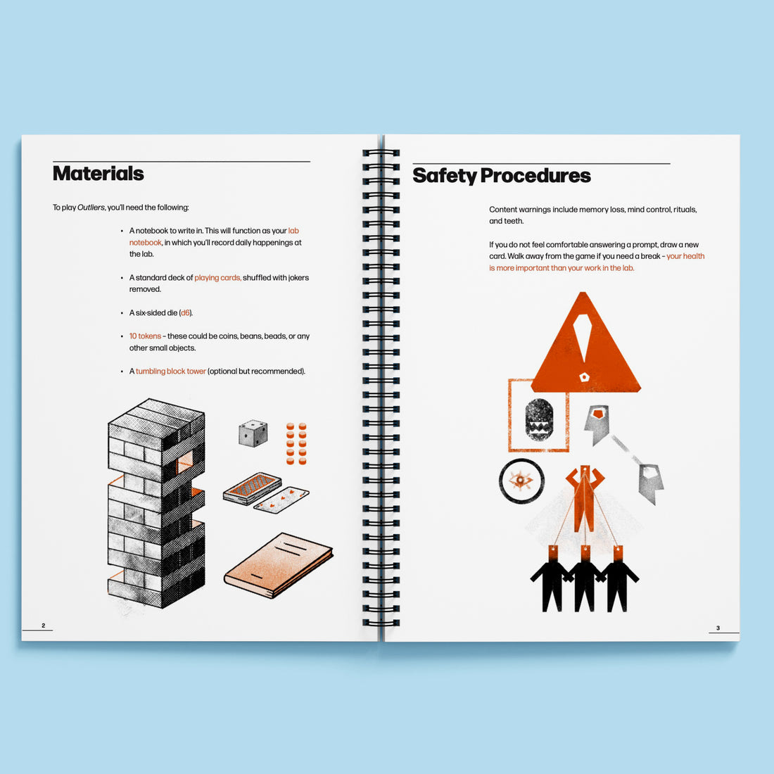 An interior spread of Outliers showing art of materials to play: a notebook, a deck of playing cards, a six-sided die, optional tokens, and an optional tumbling block tower. 