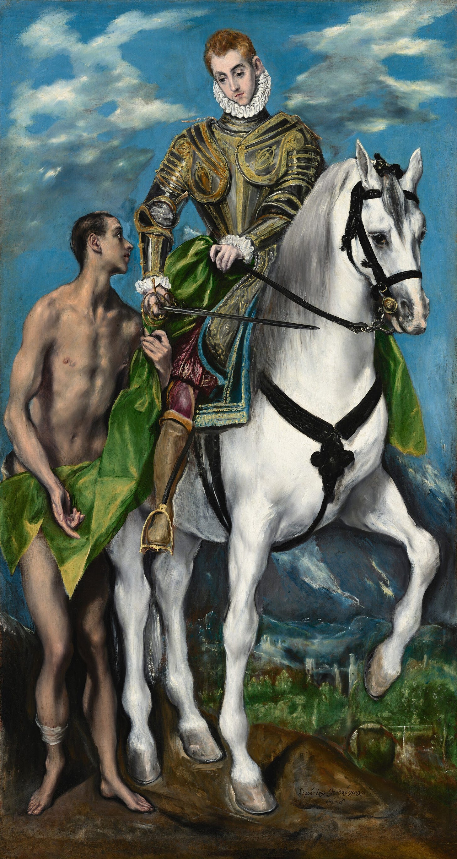 A painting by El Greco depicting Saint Martin of Tours on horseback giving a naked beggar his cloak.