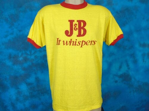 NOS vtg 80s J&B SCOTCH WHISKY RINGER T-Shirt SMALL/MEDIUM it whispers beer thin - Picture 2 of 6