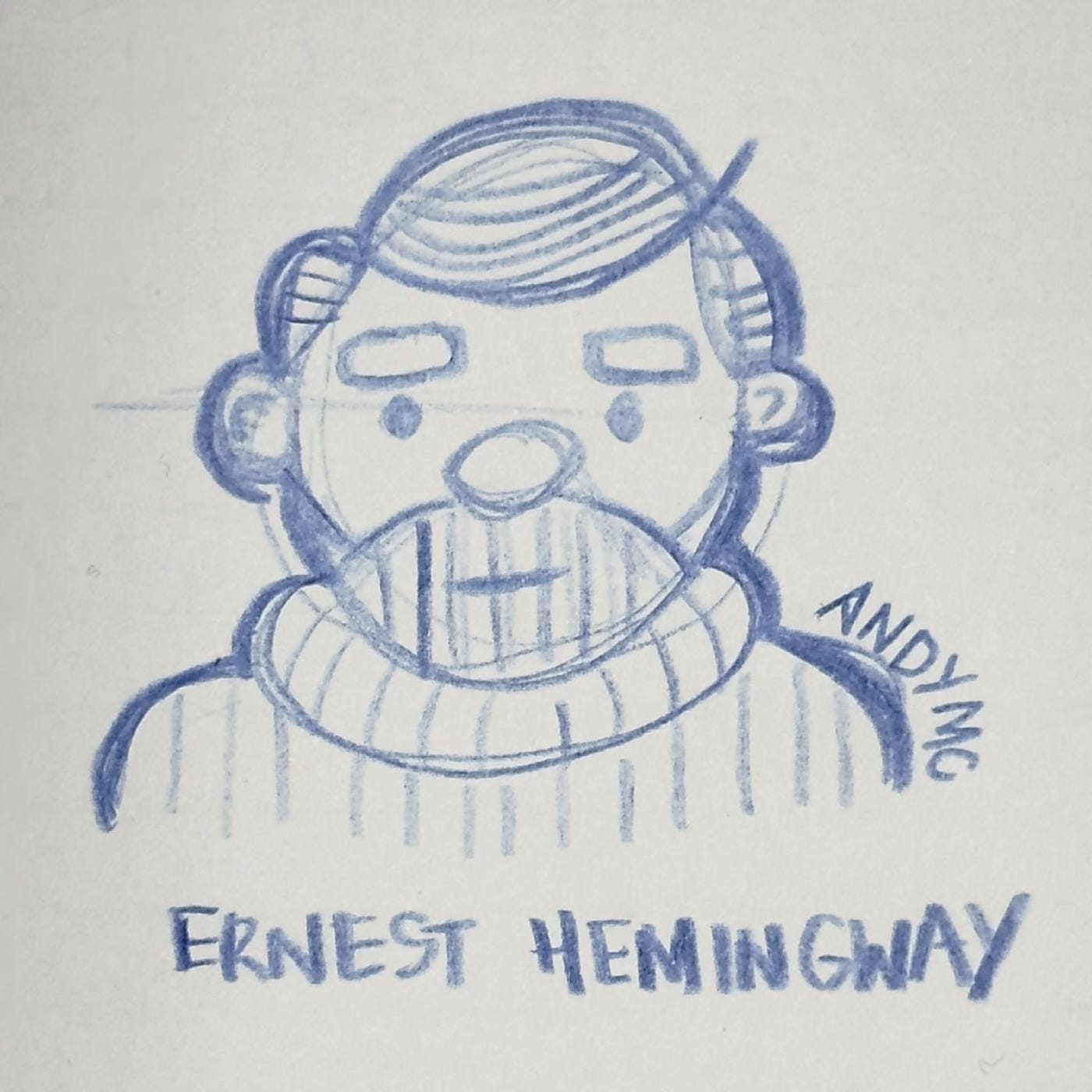 a cartoon sketch of writer Ernest Hemingway
