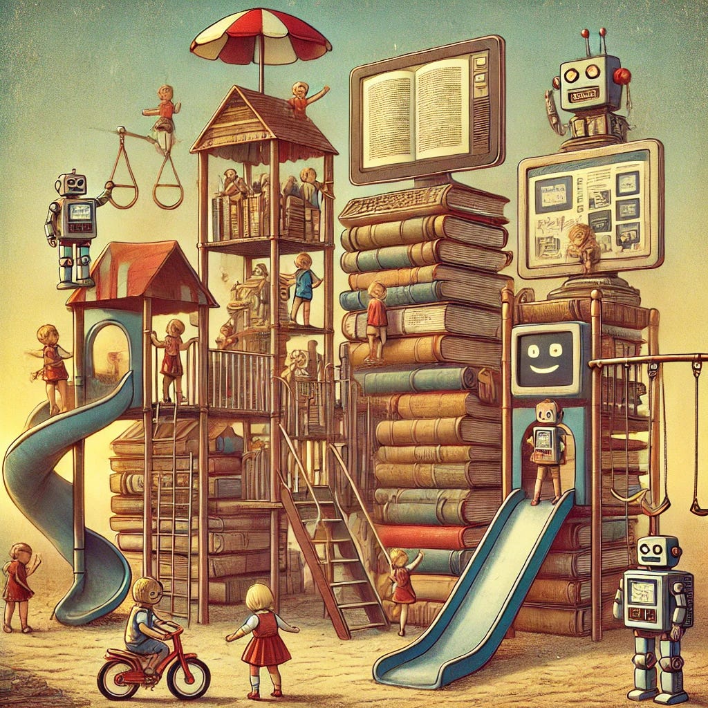 A nostalgic illustration of a playground made entirely of informational resources, featuring both human and robot children playing together. The playground includes slides, swings, and climbing structures made from stacks of books, newspapers, digital tablets, and laptops.