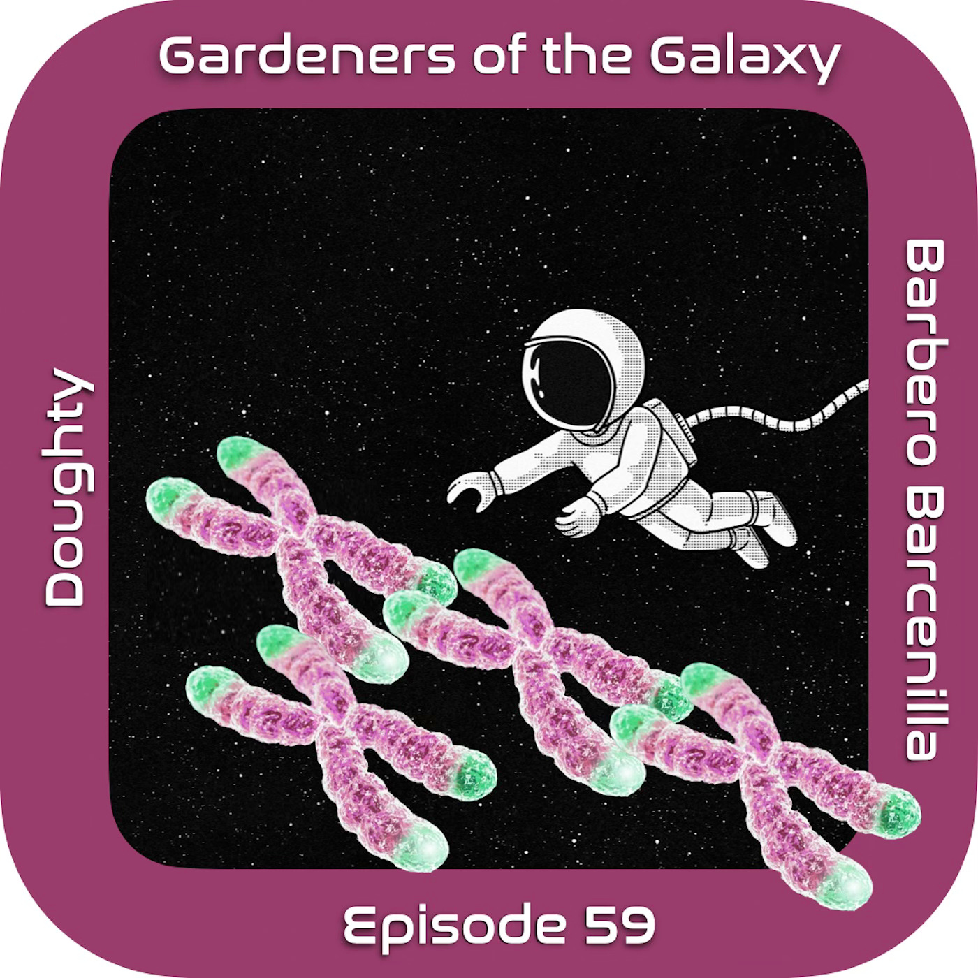 In the episode 59 mission patch artwork, the intrepid space gardener is floating outside the orbital garden, reaching towards a handful of giant telomeres, which resemble gummy candies in the shape of a cross, with green tips on the ends.