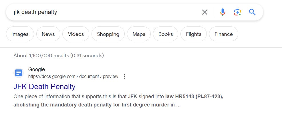 A Google search for "JFK death penalty"