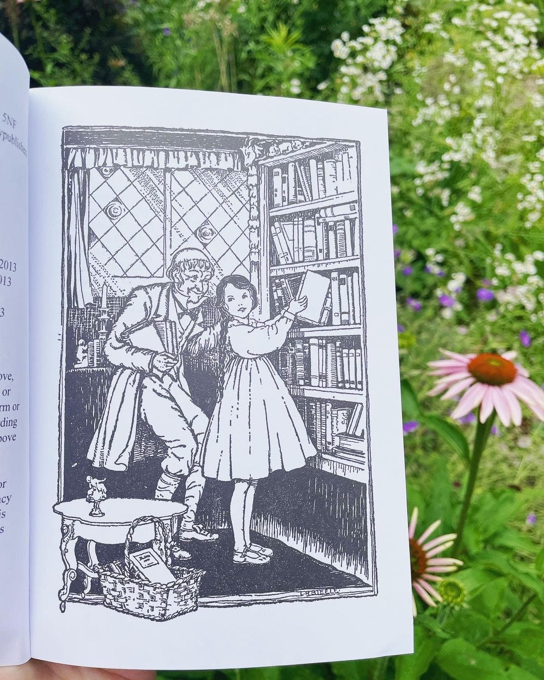 Henrietta in the bookshop with the Old Gentleman choosing books for a little girl’s library.