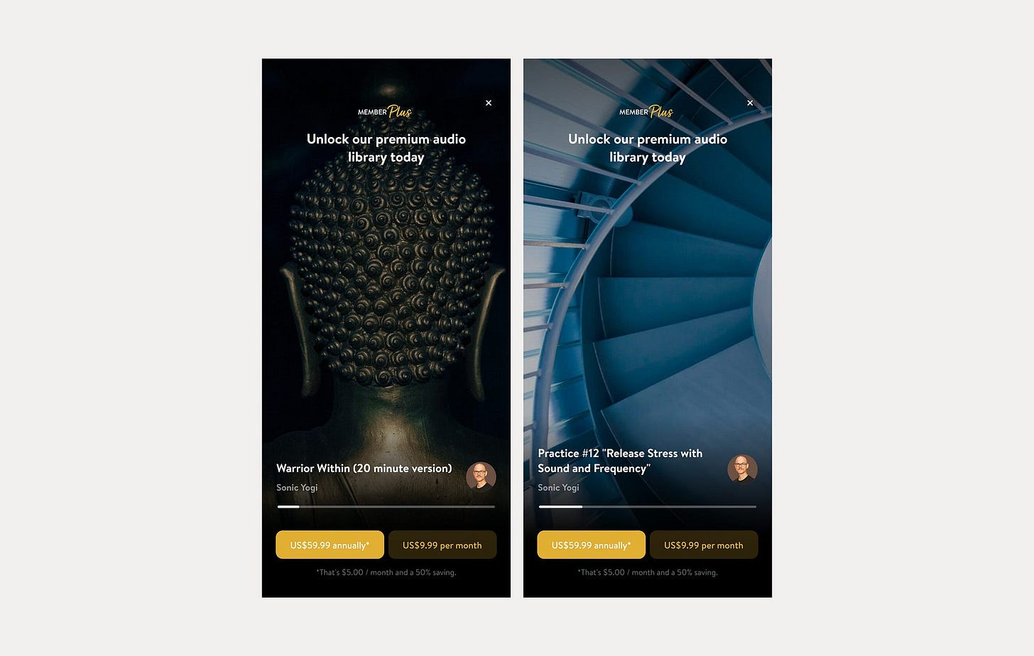 Paywall with audio preview for a Audio Plus