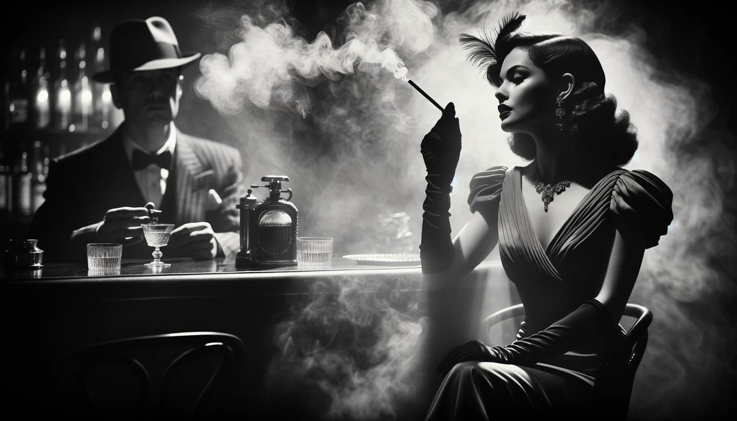 DALL·E 2024-04-01 18.58.12 - A film noir inspired scene in widescreen, capturing Mata Hari, a notorious and glamorous spy, .webp