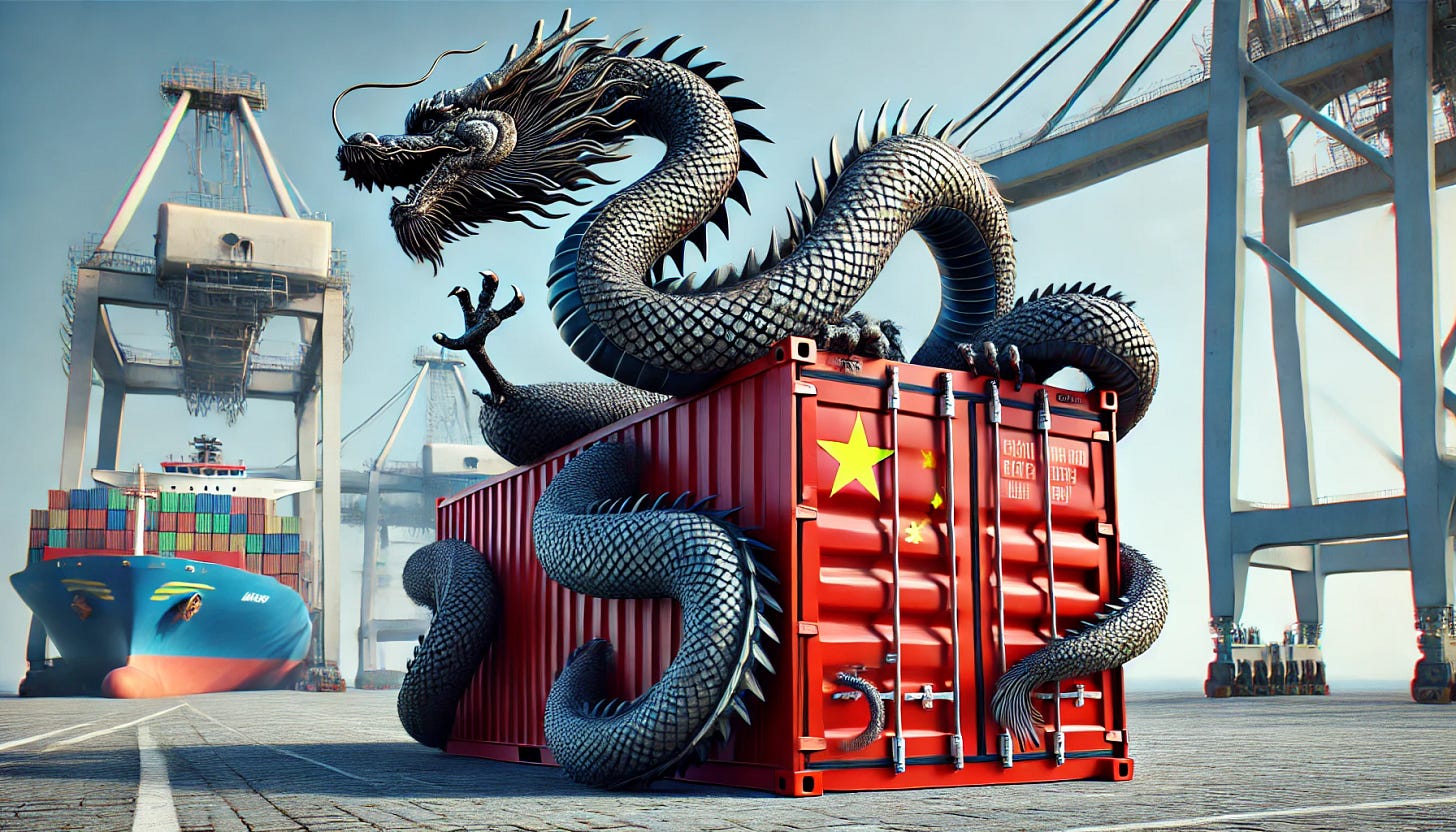 A wide aspect ratio image depicting a realistic scene of a Chinese dragon wrapped around a shipping container. The container should have imprints of the Chinese flag on its sides. The dragon should be detailed and lifelike, with scales and a dynamic pose, coiling around the container to create a striking visual. The background should be an industrial port or shipping yard, highlighting China's influence in global trade.