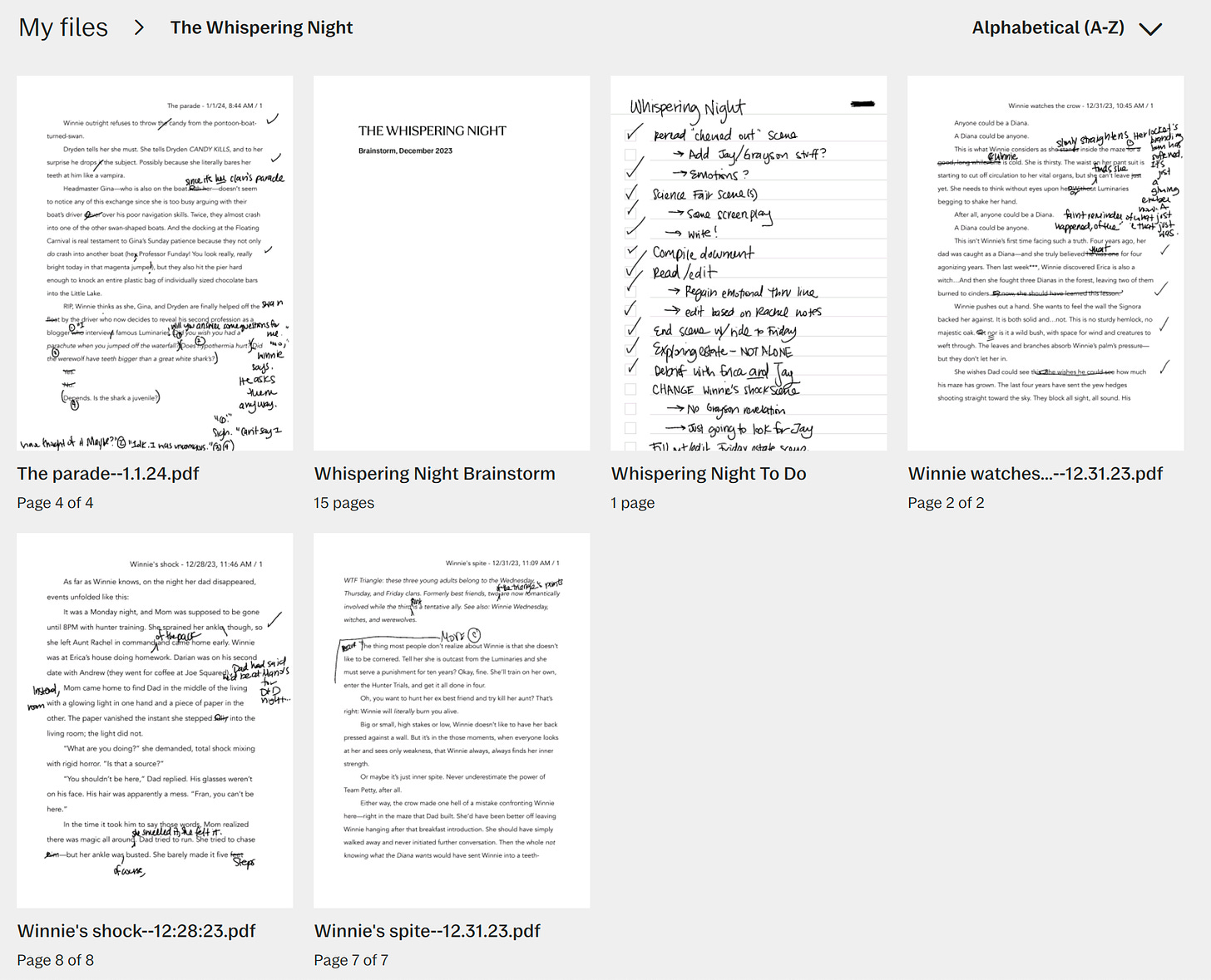A screenshot of the reMarkable app, which also looks like the device itself. You can see different thumbnails of paper, each labeled by scene title or brainstorming page, such as "Whispering Night brainstorm" or "the parade--1.1.24"