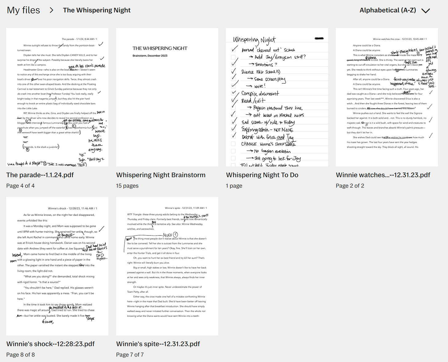 A screenshot of the reMarkable app, which also looks like the device itself. You can see different thumbnails of paper, each labeled by scene title or brainstorming page, such as "Whispering Night brainstorm" or "the parade--1.1.24"