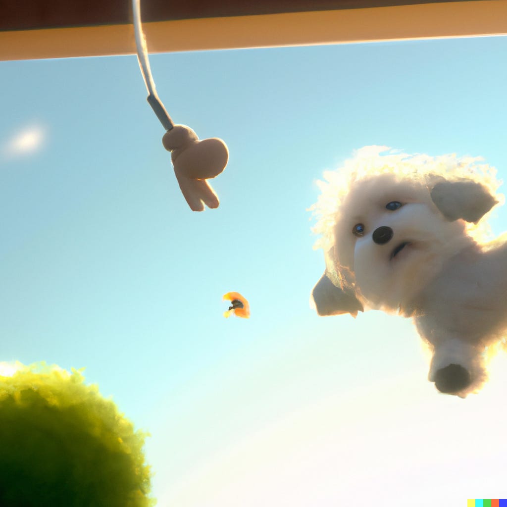 A still frame of a small white bichon dog leaping after a toy on a string, set against the backdrop of a blue sky. Made in the style of Pixar, created with the Dall-e 2 program.
