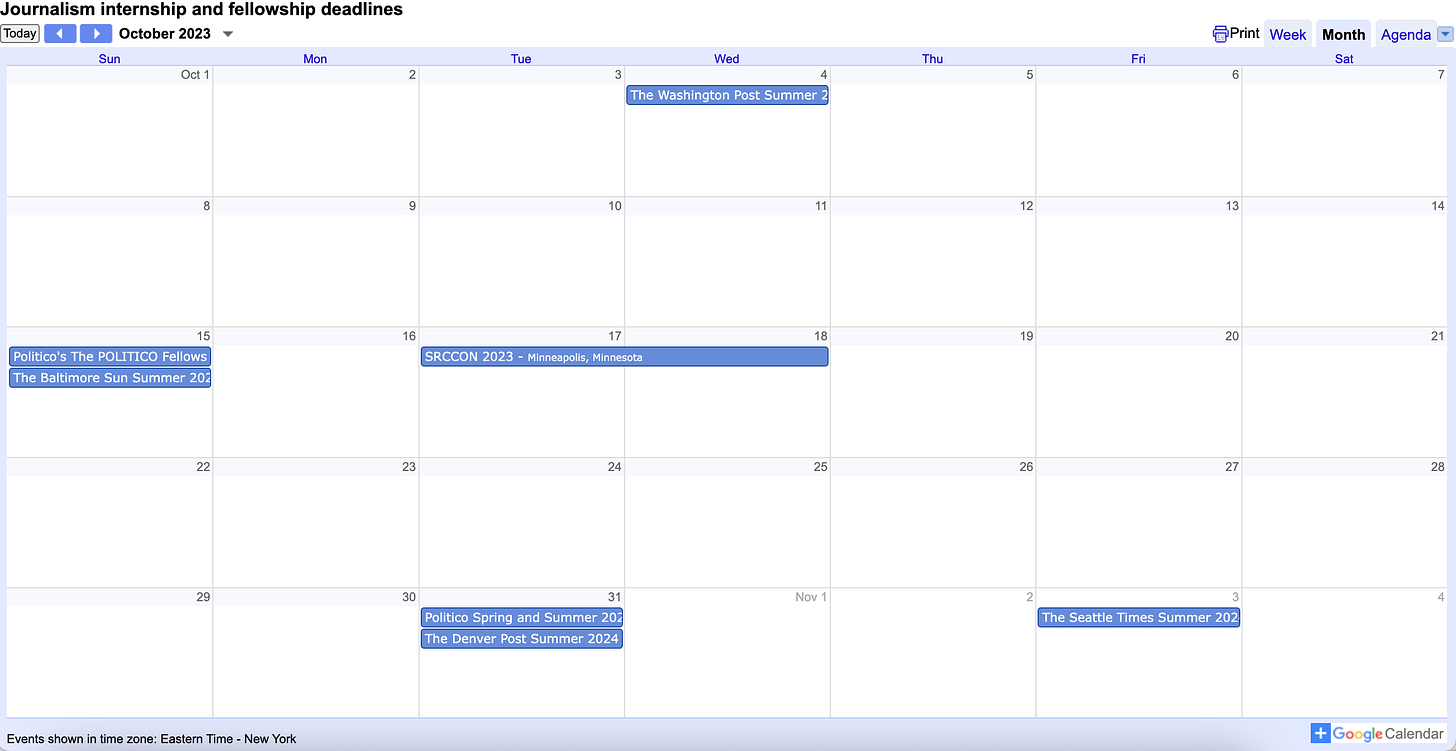 A screenshot of a Google calendar shows deadlines for internship applications at The Washington Post, Politico, The Baltimore Sun and more. 
