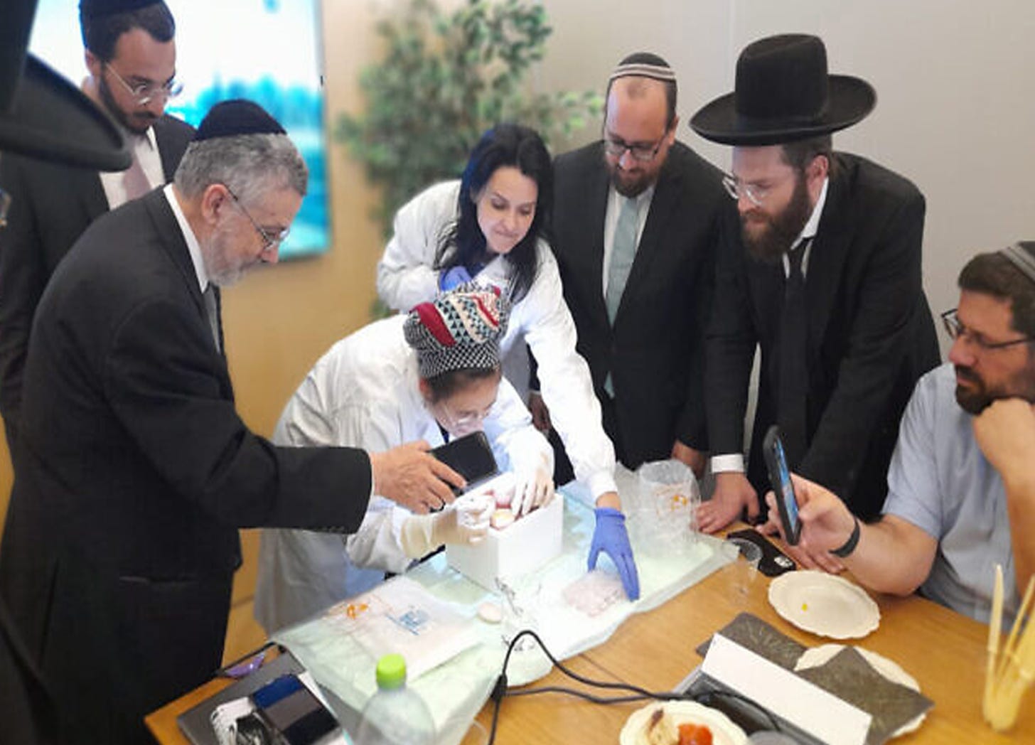7 members of the Orthodox Union Kosher peering over a set of petri dishes.