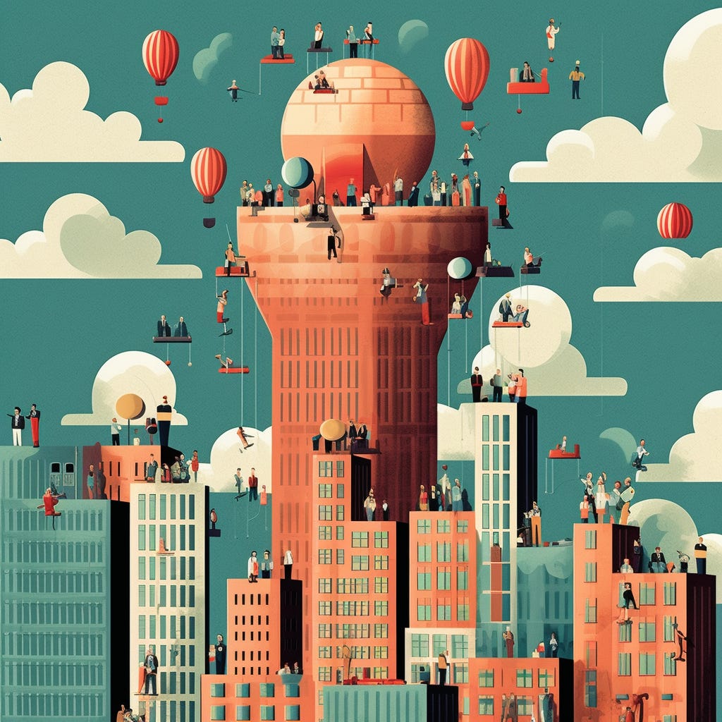 A stylized 2D side view of a city skyline, with small figures climbing the buildings and hot air balloons flying overhead. Blue skies and puffy clouds. 