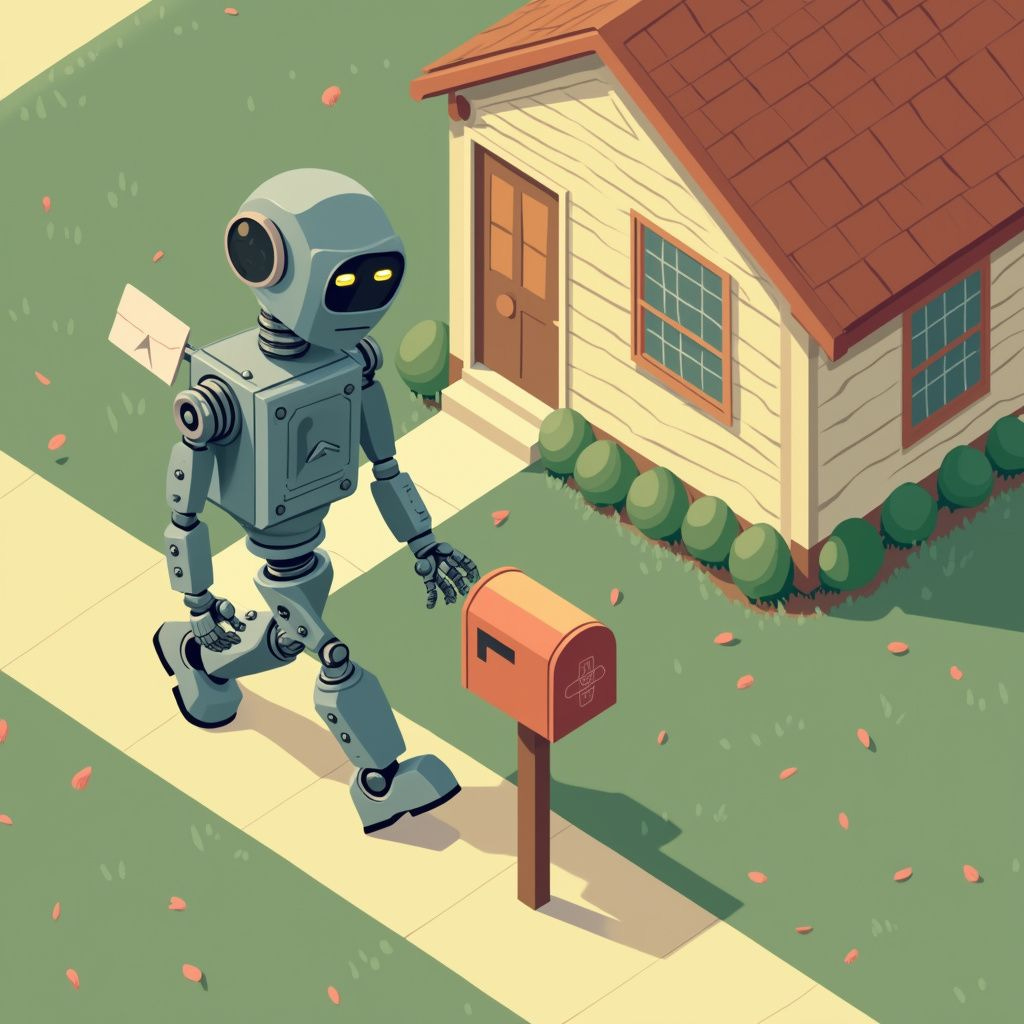 A robot walks to a mailbox to deliver some mail. Image generated with Flux1.Pro