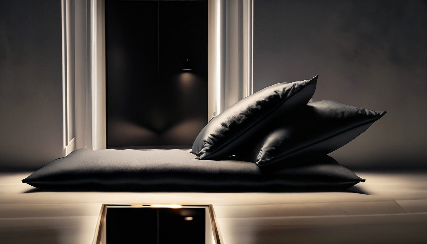 Surreal image of a black mattress with black pillows in a dim room with reflections of reflections.