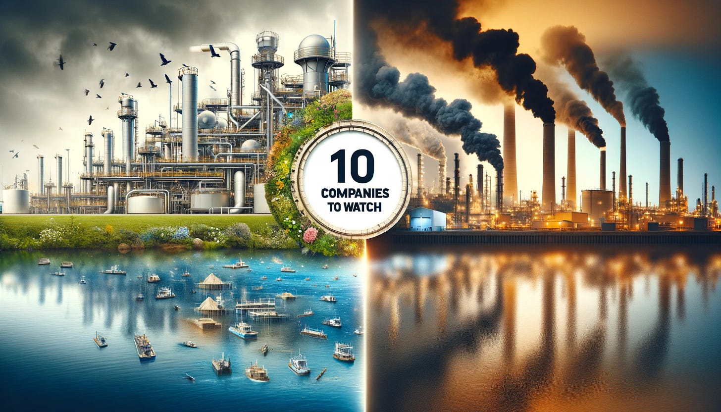 A wide thumbnail split into two halves: the left half shows clean water technology, including advanced filtration systems, clean water sources, and sustainable water infrastructure. The right half depicts industrial plants emitting pollution, with smokestacks releasing dark smoke into the air and factories with heavy machinery. Overlay the text '10 companies to watch' prominently in the center without any background circle, ensuring the text is larger and stands out against both backgrounds, with correct spelling of 'companies'.