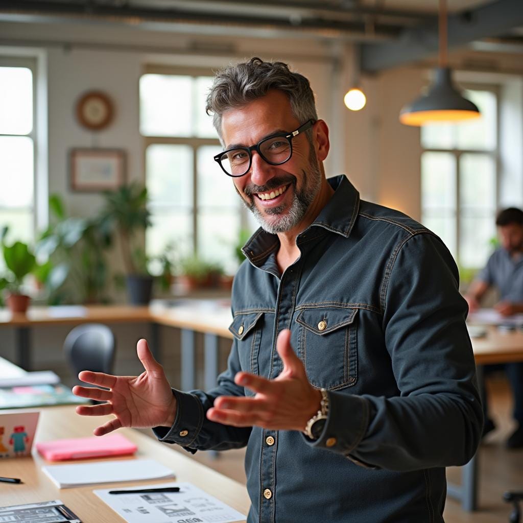 Middle-aged man with glasses and a beard, dressed in a collared shirt, smiles and gestures with open hands in an office environment