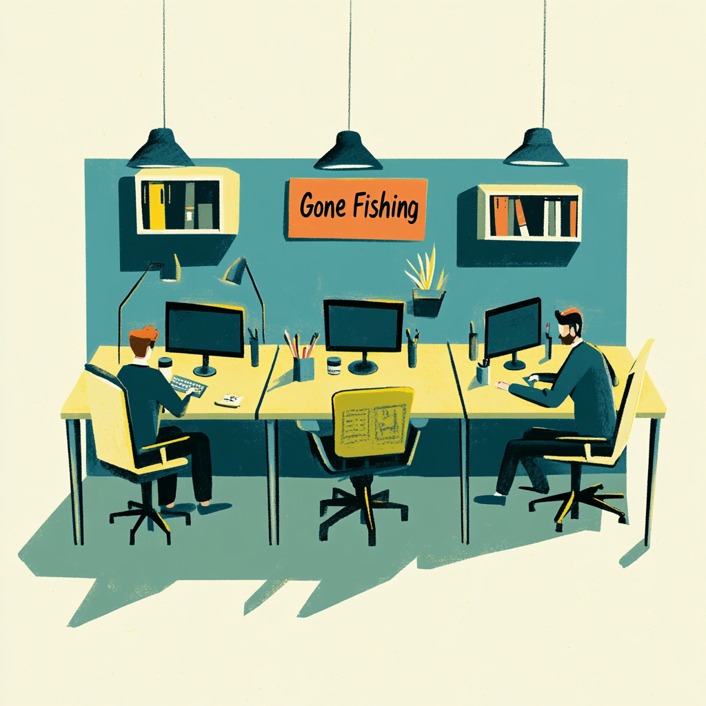 an illustration of a minimalist office space with three desks, two occupied by focused workers, one empty with a "Gone Fishing" sign. 