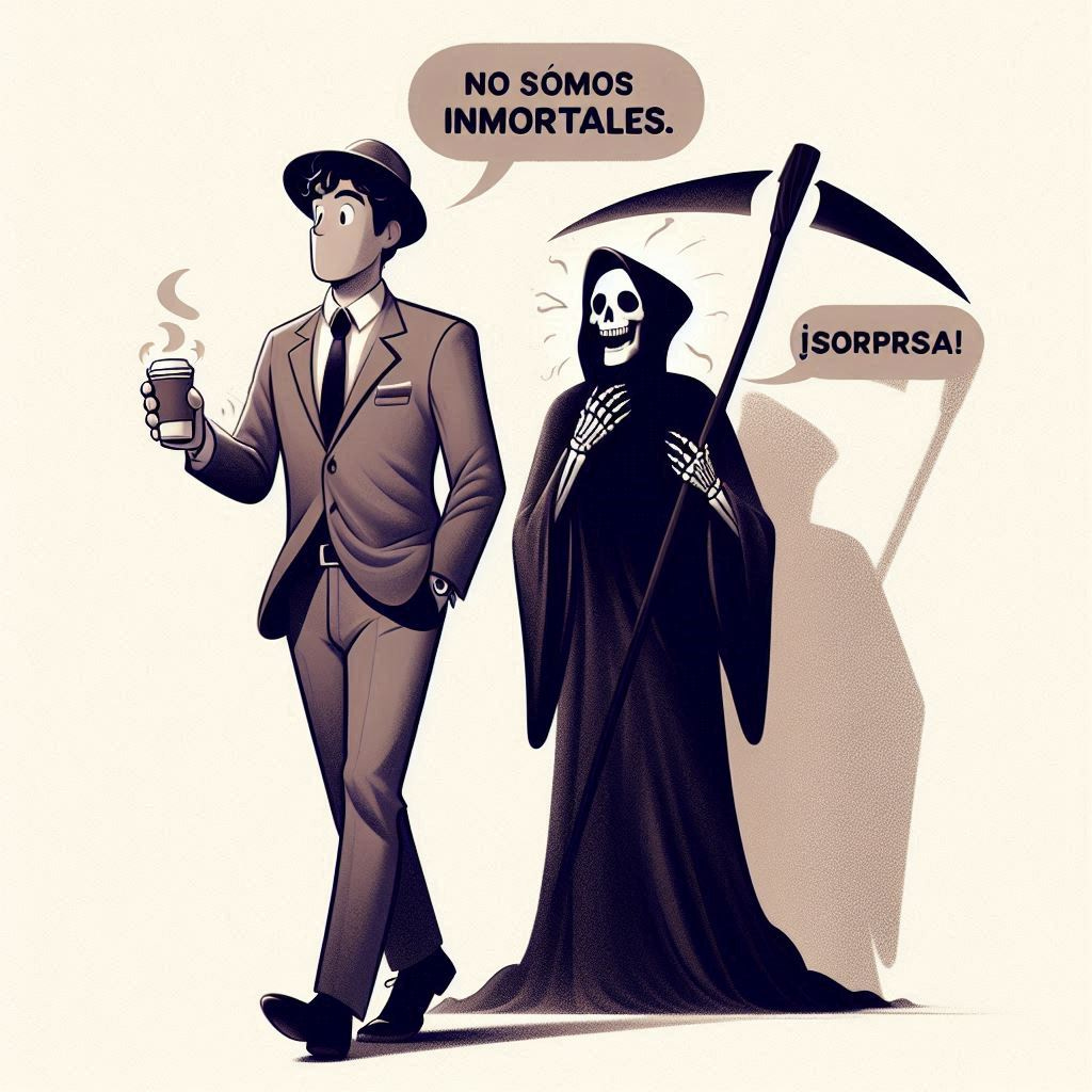 A character in a suit with a coffee in hand, walking confidently through life, with a sudden appearance of a cartoonish Grim Reaper figure behind him, looking at his watch as if saying: Well, whenever you want. The scene conveys irony, with a light but provocative air. Text on the image (in clear, elegant typography): No somos inmortales. ¡Sorpresa! Touches of dark humor, professional aesthetics but with a clear wink. Neutral background (white or very light), soft colors, to maintain elegance and not seem dramatic.