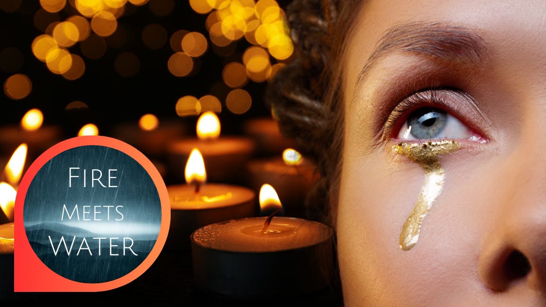 Fire meets Water: a woman cries tears of gold before an array of prayer candles.