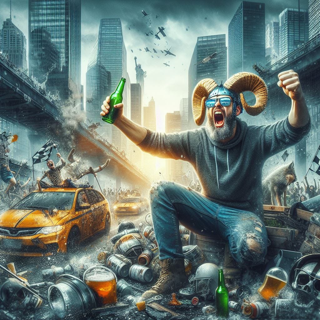 overzealous sports fans with beers and drinking and tearing up a city street, dystopian gritty digital art