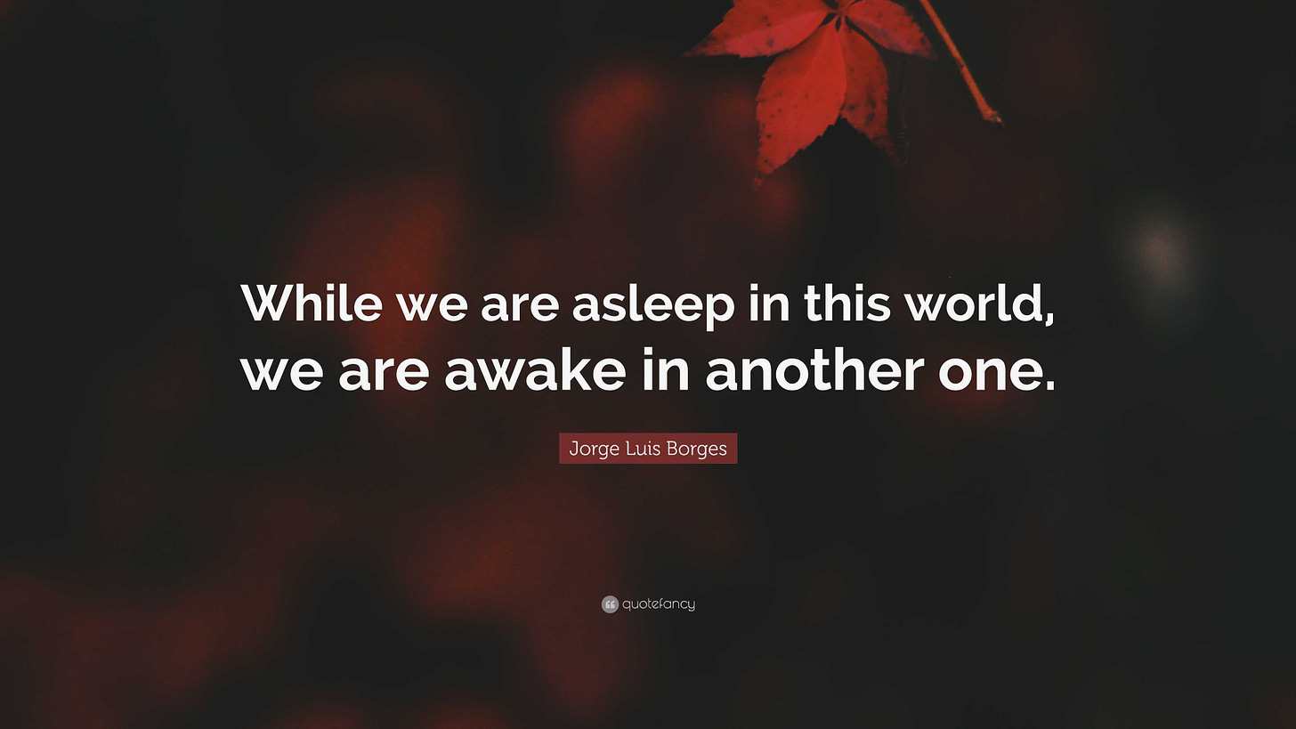 Jorge Luis Borges Quote: “While we are asleep in this world, we are awake  in another