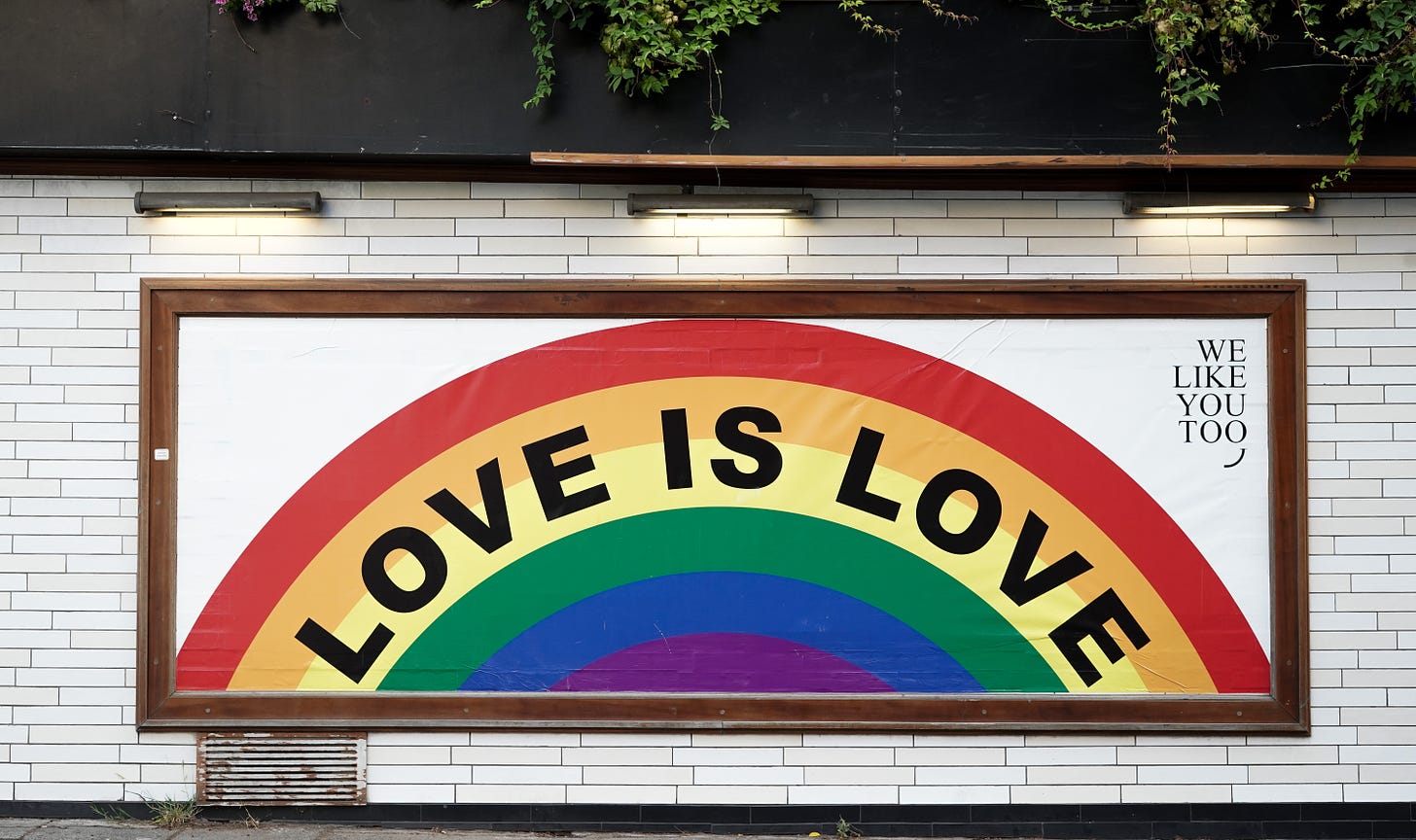 Rainbow "LOVE IS LOVE" billboard framed in wood and mounted against a white subway-tiled wall.