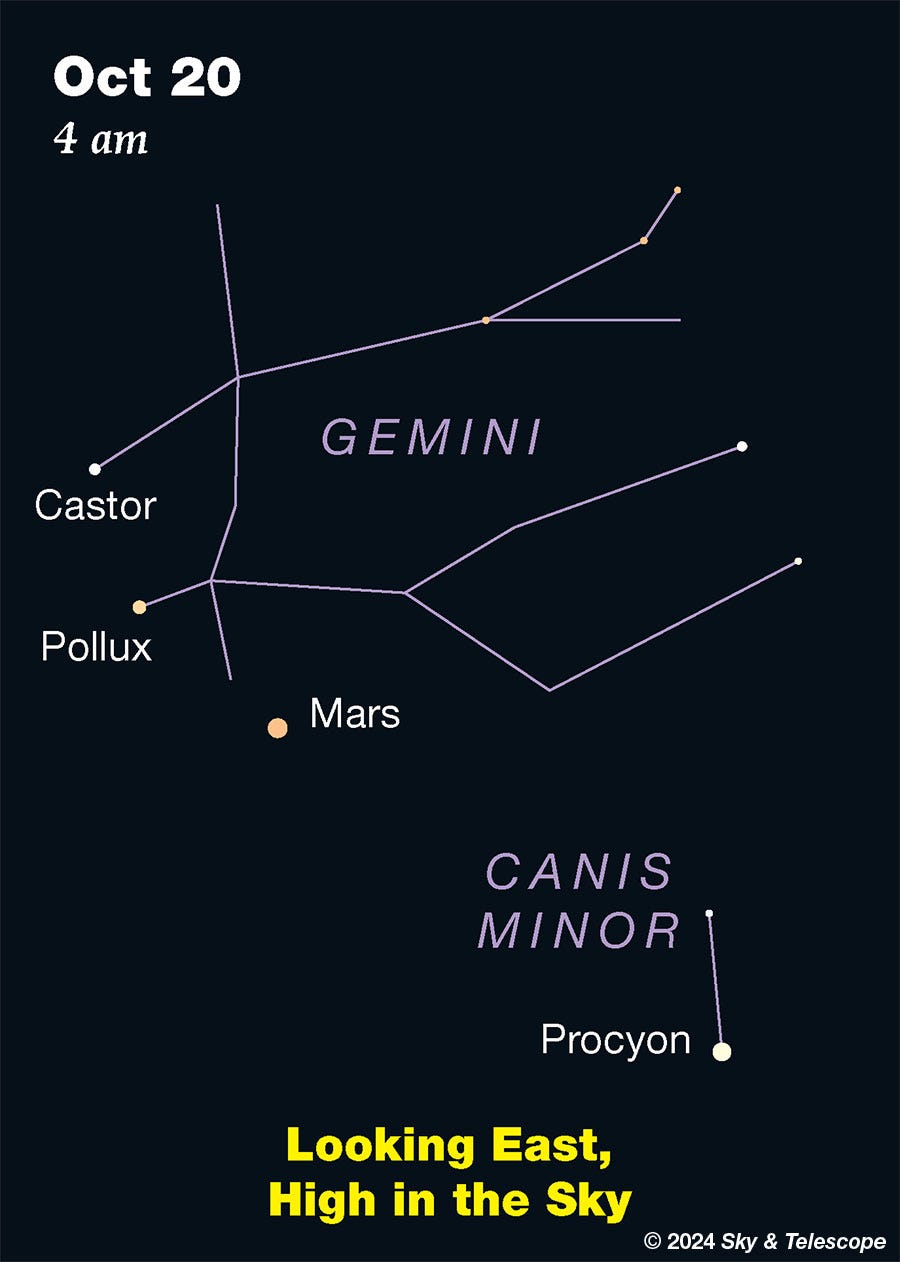 Mars with Castor, Pollux, and Procyon in the early morning of Oct. 20, 2024