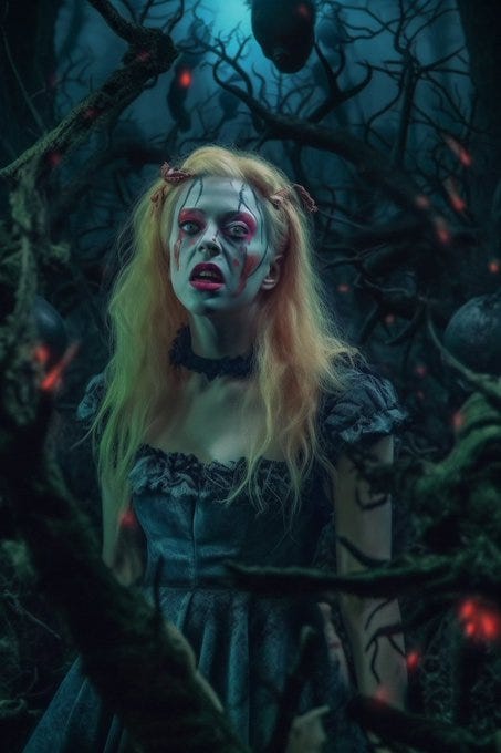 Zombie Aurora (Sleeping Beauty), angry and scary and hungry, awakening in a macabre, enchanted forest with red eyes and striking blonde hair, surrounded by twisted, undead fairies and a menacing, dark Maleficent, hyperrealistic, 8k Ultra HD --v 5 --q 2 --s 1000 --ar 2:3