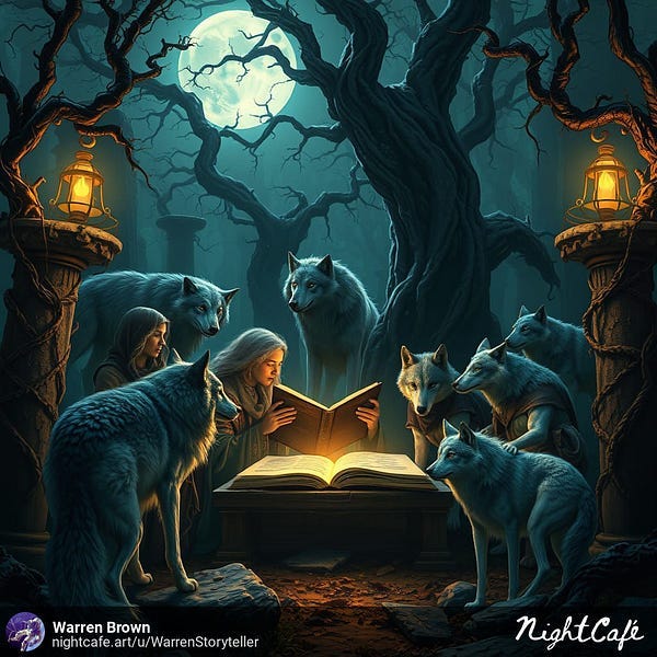wolves in a forest sitting and watching readers and books.