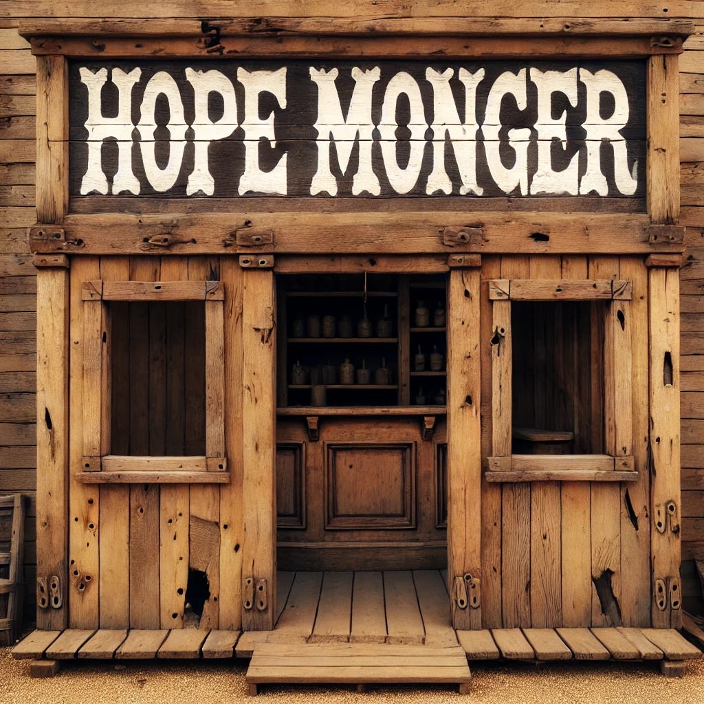 A rustic, bare storefront made of unpainted and unvarnished wood with exposed nails, giving the impression of roughness and splinters. The topmost panel of the stall has the words 'Hope Monger' written in cheap white paint with a shaky hand. The storefront resembles an old-fashioned saloon from early westerns but lacks an indoor tavern. Instead, it consists of a wooden frame with an open window where a merchant's face could be seen.