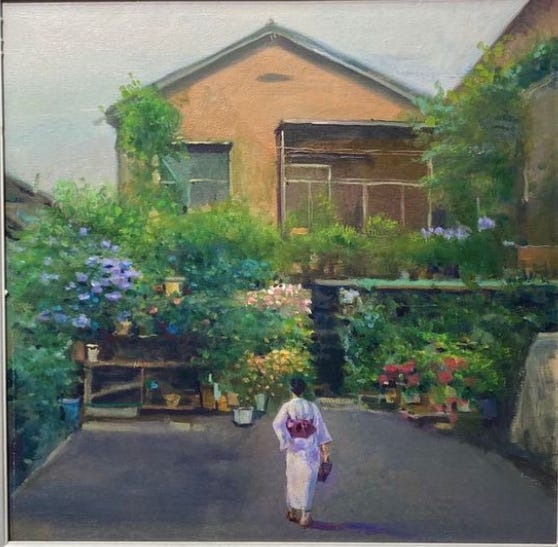 A painting of a person walking down a street with plants

Description automatically generated