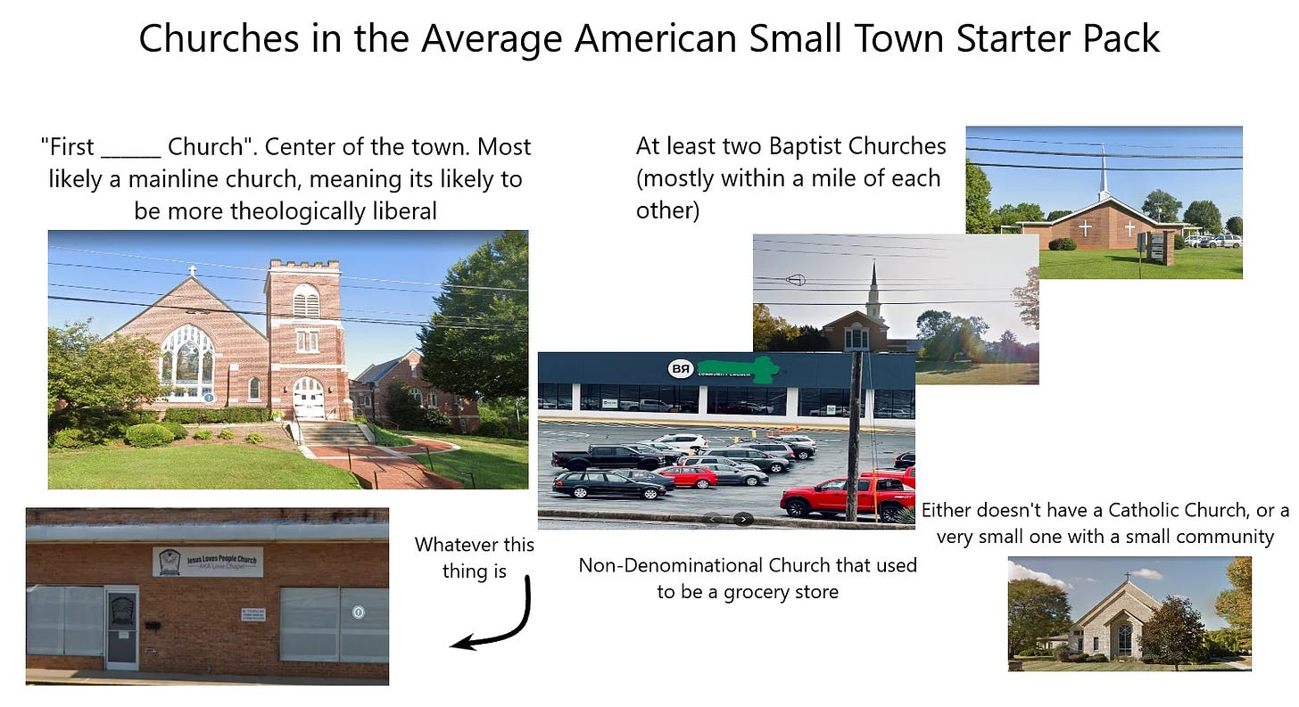 Pictures of various types of churches labeled "Churches in the Average American Small Town Starter Pack"