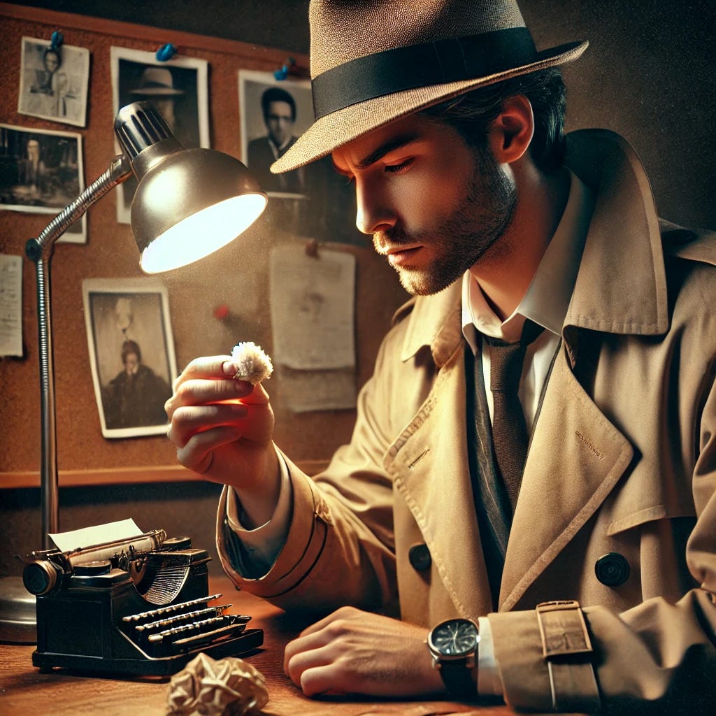 A realistic image of a detective in classic detective clothing, including a trench coat and fedora, examining a piece of evidence with a focused expression. The detective is in a dimly lit crime scene, illuminated by a desk lamp. A corkboard with pinned notes and photos is visible in the background, suggesting an ongoing investigation. The detective appears deep in thought, piecing together the next steps based on the evidence they found.