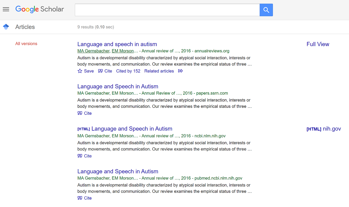 Screenshot of a Google search showing the top 4 of 9 versions of an article.