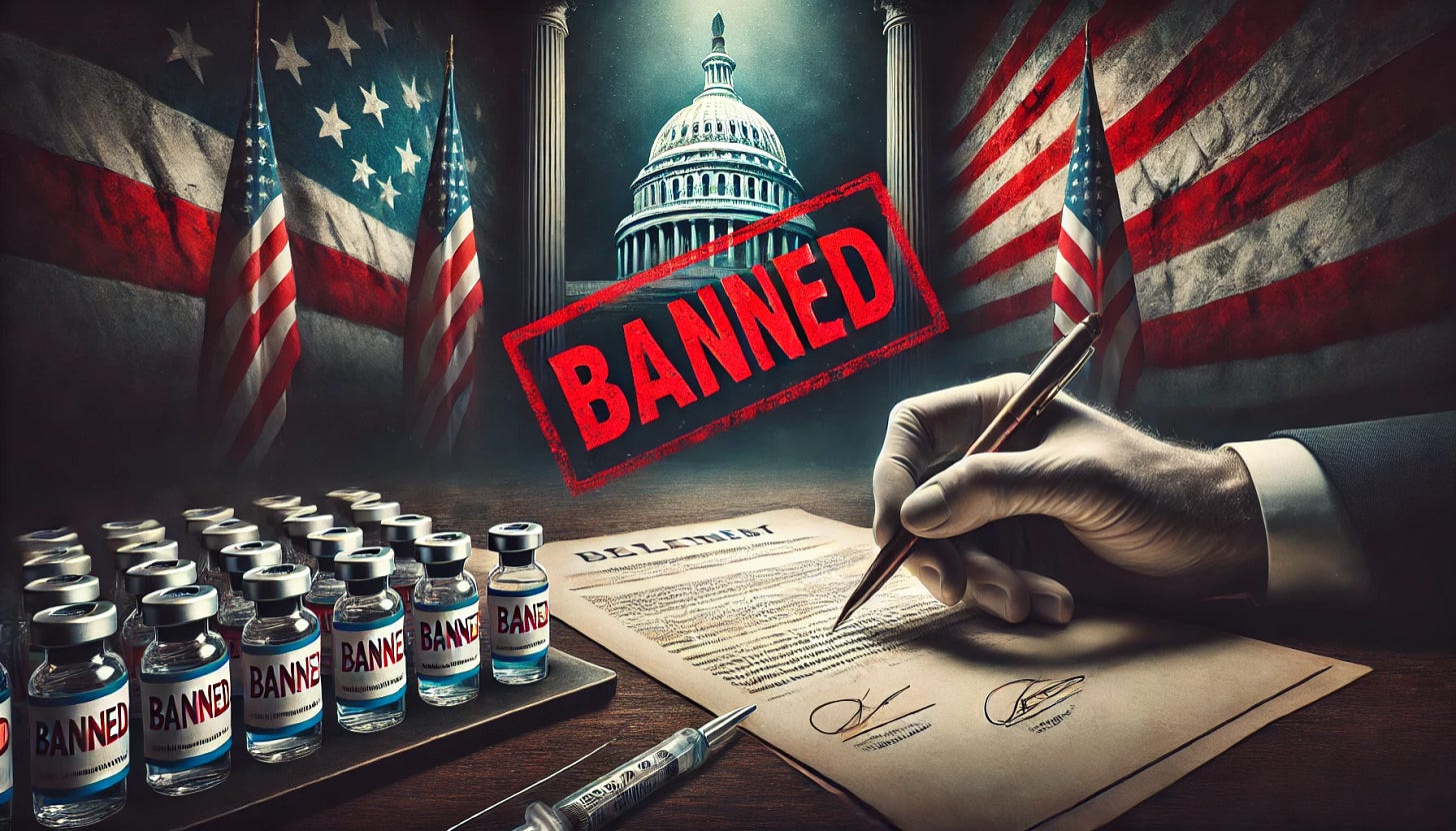 A dramatic and symbolic digital painting depicting a government official's hand signing a document with a bold red stamp marked 'BANNED' over a tray of vaccine vials. The background features an ominous setting with dim lighting and American flags, emphasizing political action and controversy. The composition evokes tension, authority, and a sense of finality.