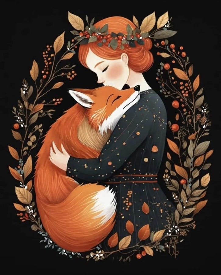 This may contain: a woman hugging a fox with leaves around her head and the words fox love, irn uuvarhazi