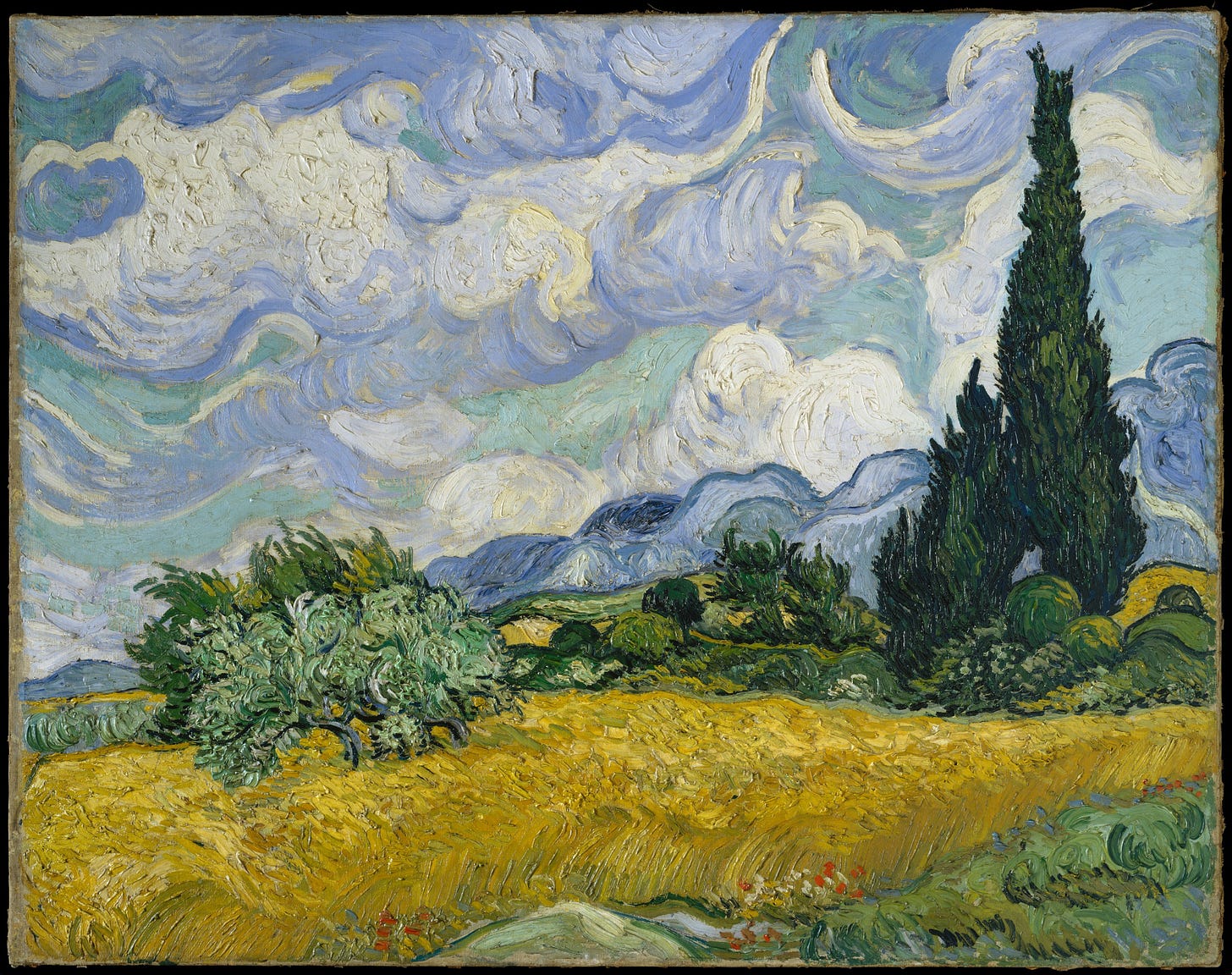 a painting of bright yellow wheat fields with dark cypress trees standing to the right, blue hills in the distance, and swirls of clouds in the sky