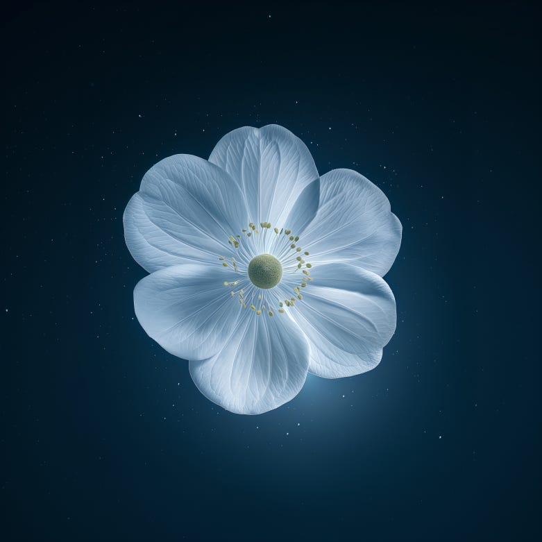 White Flower blossom floating in the night sky. Stars in background