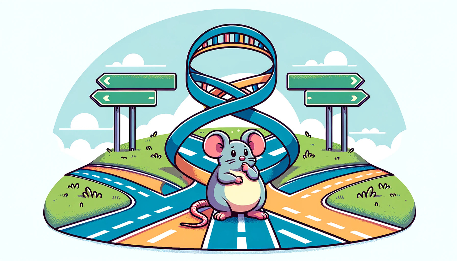 A vector illustration in landscape mode depicting a fat mouse standing at a crossroads, looking confused about which direction to take. The roads are uniquely shaped like a DNA helix, emphasizing the concept of choice and direction. The scene is colorful and stylized, with clear, bold lines typical of vector art, showcasing the mouse in a whimsical and thoughtful pose at the center of the DNA-shaped crossroads.