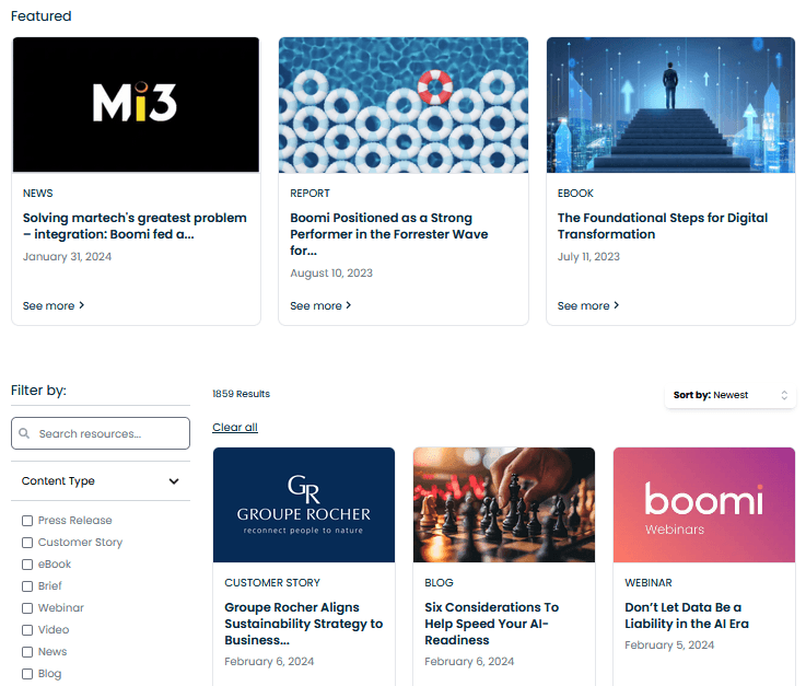Boomi’s iPaaS Resource Hub showcasing multiple types of content