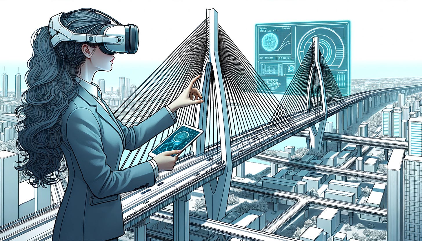 Ilustración de una ingeniera cibernética femenina de ascendencia europea, parada sobre el puente moderno, con un visor de realidad aumentada que muestra datos y esquemas del diseño del puente.