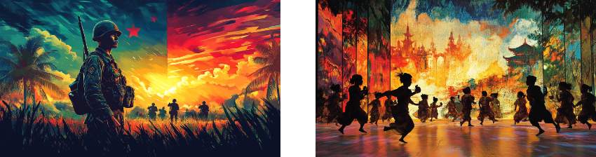 Two vibrant, dynamic scenes: the left shows a soldier standing in a field with a dramatic sunset and flags in the background, conveying a sense of vigilance and tension. The right features a group of children joyfully dancing in front of a vivid, abstract landscape with temples and trees, capturing a moment of cultural celebration and freedom.