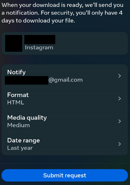 Cropped preview of the last screen shown in the Instagram app when submitting a data download request.