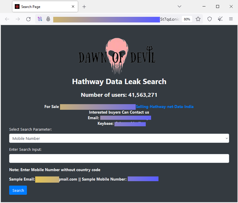 Screenshot of the dark web site where the Hathway data search portal is located