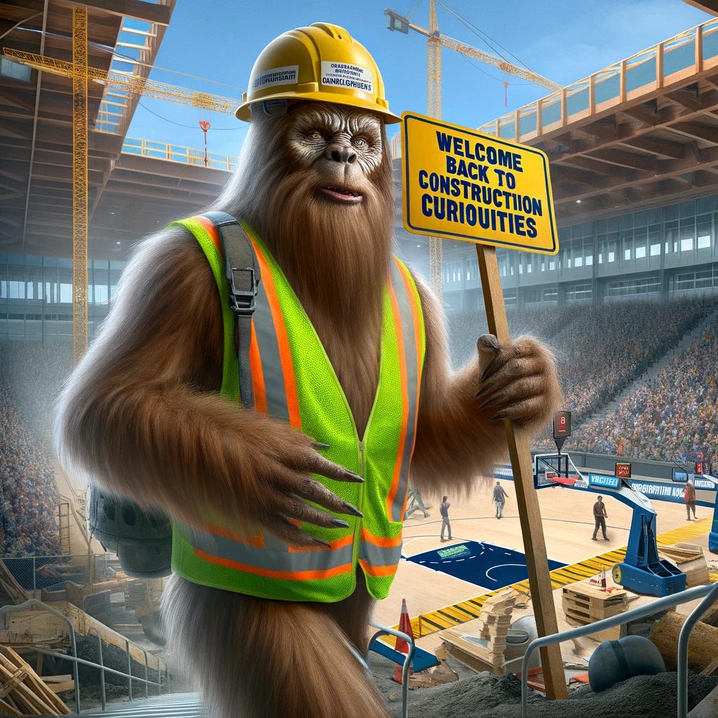 Create a photorealistic image of a Sasquatch actively participating in the construction of a new basketball arena. This Sasquatch should be fully equipped with personal protective equipment (PPE) including a hard hat, reflective vest, and safety boots. The Sasquatch is also holding a sign, similar to those held by basketball fans, with the text "Welcome back to construction curiosities" written on it. The background should show the ongoing construction of the basketball arena, with cranes and construction materials visible.