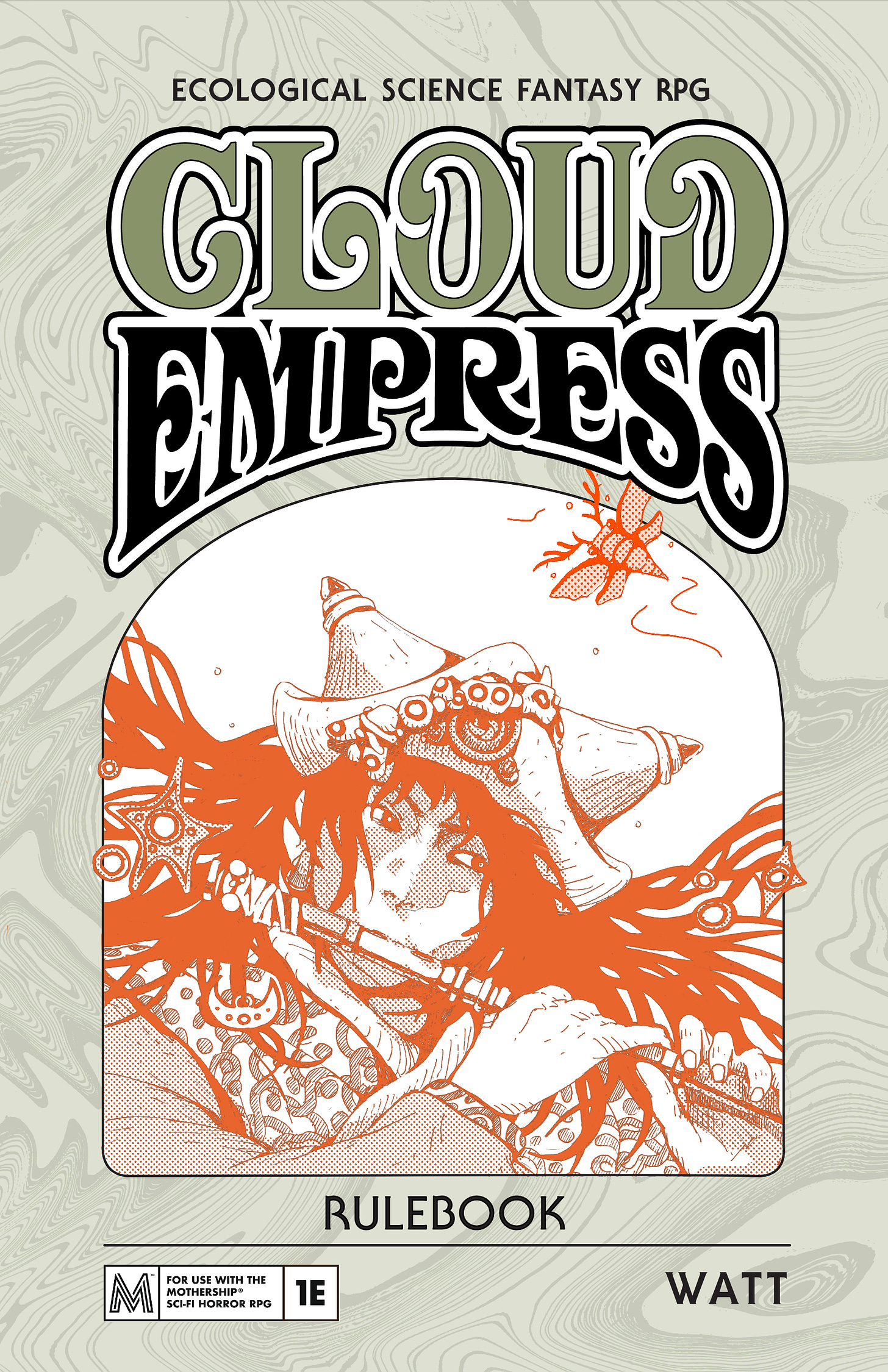 The cover art for the rulebook of Cloud Empress. The title is in large letters at the top, and below is a drawing of someone playing a wind instrument.