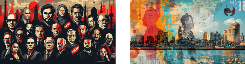 A stylized illustration of diverse individuals with serious expressions, set against a backdrop of city landmarks and red accents on the left; on the right, a mixed-media collage of a cityscape by the water, with abstract overlays and silhouette profiles.